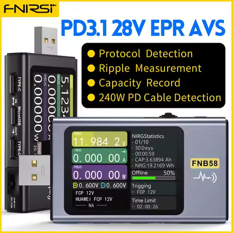 FNIRSI FNB58 USB Tester PD3.1 QC4 Power Meter with Trigger IPS Screen C to C Voltmeter Ammeter for C
