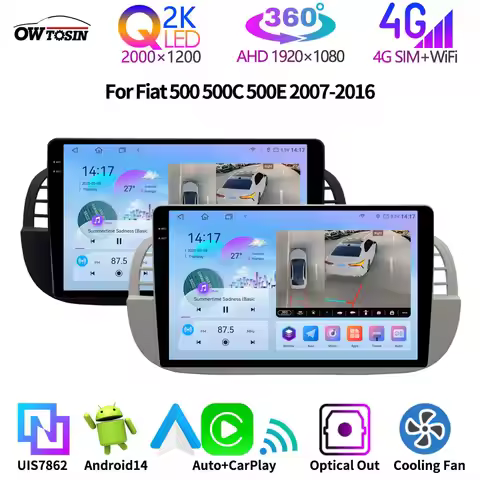 QLED 2K Screen 8G+256G Android 14 Car Multimedia GPS Radio Head Unit For Fiat 500 500C 500E 2007-201