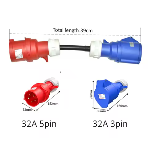 Electric Vehicle Charging Adapter 3-phase to 1-phase 32A CEE Red Male to 32A Blue Female Industrial 