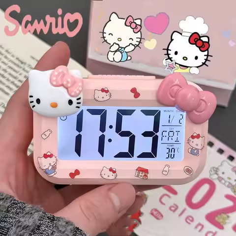 Cute Hello Kitty Alarm Clock Anime Sanrio Noctilucent Alarms Clocks Cartoon Kawaii Dormitory Clocks 