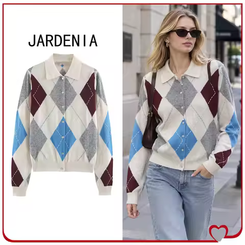 Autumn Women's Diamond Pattern Cardigan Stylish Multicolored Long Sleeves and Polo Neck Cardigan Sin