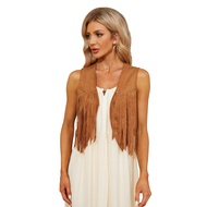 WERFORU Fringe Vest Women Faux Suede Open-Front Vintage Tassel Vest Coat Sleeveless 70s Hippie Boho 