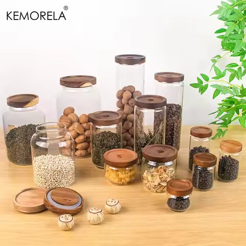 Kitchen Glass Storage Jar Glass Container Wooden Lid Sealed Candy Food Jar Container Bottle Coffee B