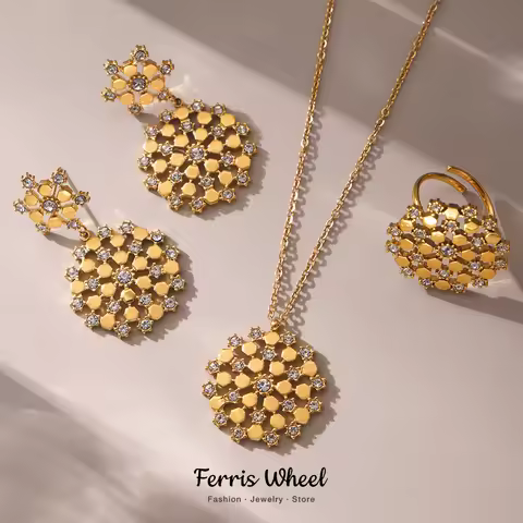 Ferris Wheel Waterproof Stainless Steel Gold Plated Flower Bouquet Pendant Necklace Earrings Ring fo