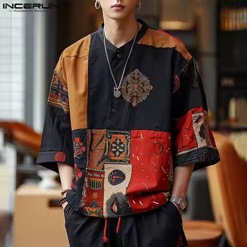Men Shirt Ethnic Style Printing Stand Collar 3/4 Sleeve Vintage Men Clothing 2024 Streetwear Loose C