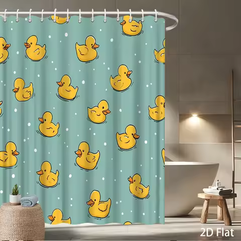 1PC Yellow Duck Shower Curtain – Blue Background, 2D Flat Print, Mildew-Resistant Polyester, 72"x72"