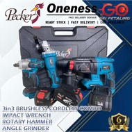PECKER 3IN3 BRUSHLESS IMPACT WRENCH ANGLE GRINDER & ROTARY HAMMER C/W 2X 4.0AH BATTERY & CHARGER