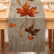 1pc Autumn-Inspired Table Runner With Maple Leaf & Wheat Pattern - Line, Earthy Tones, Multiple Size