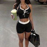 Ms. YK2's New Sexy Women's Two Pieces Set: Black And White Contrasting Bordered Halter-Neck Lace-Up 