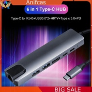 Anifcas 6 in 1 USB C HUB 2 USB 3.0 4K HDMI-compatible Type-C 100W PD RJ45 Adapter for La