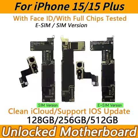 Full Tested Motherboard for iPhone 15 Plus With Face ID Unlocked Support Update Logic Board Chip Cle