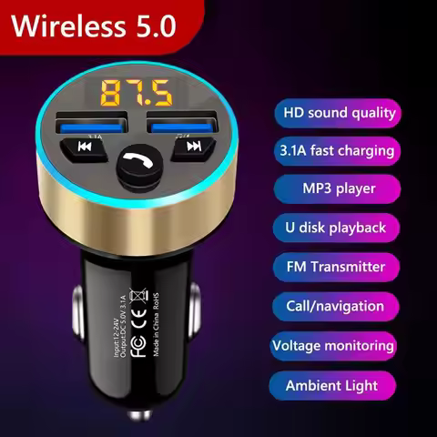 FM Transmitter Stereo Car MP3 Player 3.1A Fast Charging Handsfree Car 5.0 Dual Bluetooth USB FM Kit 