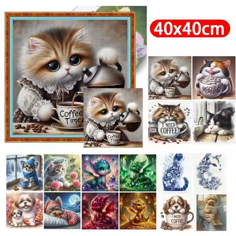 Cute Coffee Cat DIY Full Embroidery Eco-cotton Thread 11CT Printed Cat/Dog Cross Stitch Kit Arts for