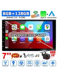 8核8GB+128GB，無線蘋果和Android Auto，2 DIN Android 13車載收音機，通用7英寸多媒體視頻播放器，適用於日產，現代，起亞等車款，2din Autoradio導航GPS音頻，自動收音機，IPS高清觸控屏幕，WIFI 4G LTE，包括AHD 170°魚眼汽車後視備份攝像頭。