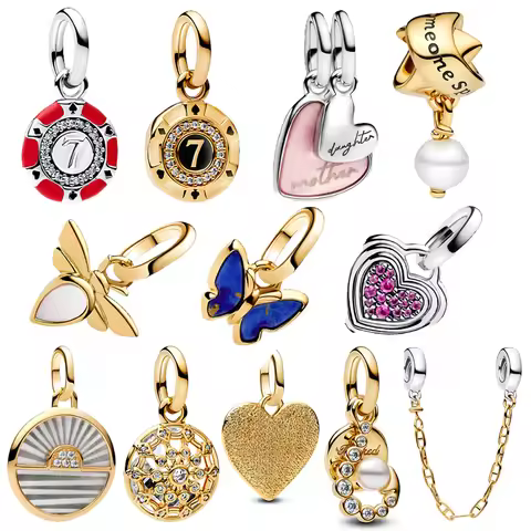925 Sterling Silver Badge No. 7&Mother and Daughter Hearts&Butterflies&Hearts Dangle Charm Fit Brand