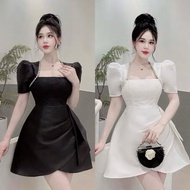 BIGSIZE D119 Lady's party dress with puffed sleeves, waist-cinching design and stone straps, 50-90kg