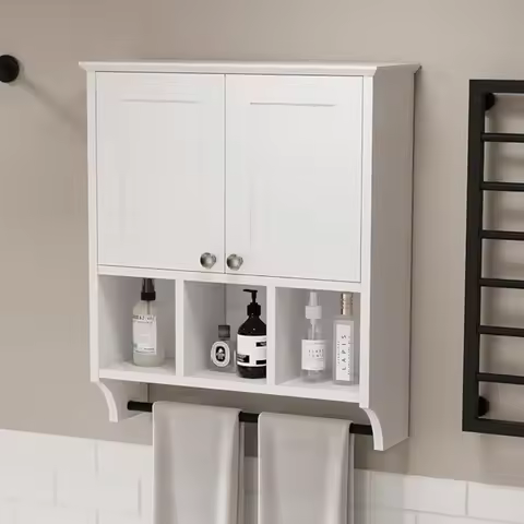 Bathroom Medicine Cabinet, Bathroom Cabinet Wall Mounted Over-The-Toilet with Towel Bar, 2 Do& 3 Ope