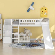 Twin Loft Bed With Slide For Kids, Wood Slide Loft Bed With Stairs And Built-in Ladder, No Box Sprin