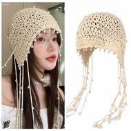 Crochet Flower Hat with Pearl Tassels, Handmade Ethnic Style CYD6