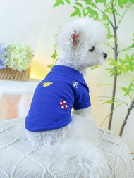 1件寵物衣服 可愛的小熊刺繡短袖polo衫 適用於小型犬貓 - 藍色