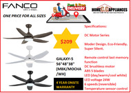 (NEW MODEL/INSTALLATION Promotion) Fanco GALAXY 5 DC Motor Ceiling Fan With Tri Color Light Kits ( 56"/48"/38") ( BLACK / MOCHA / WHITE ) / FREE EXPRESS DELIVERY