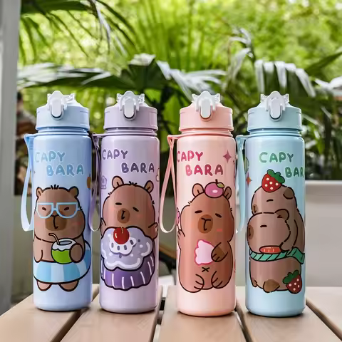 750ml/26oz Cute Cartoon Plastic Water Bottle with Straw Multi-Style Selection for Outdoor Sports Tra
