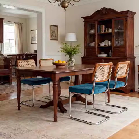 Dining Chairs Set of 4, MidCentury Modern Rattan Kitchen Chairs with Natural Cane Mesh Backrest, Ces