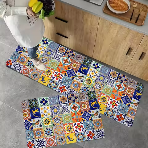 Bohemian Floral Tile Printed Carpet Kitchen Runner Rug Colorful Farmhouse Bedroom Entrance Decoratio