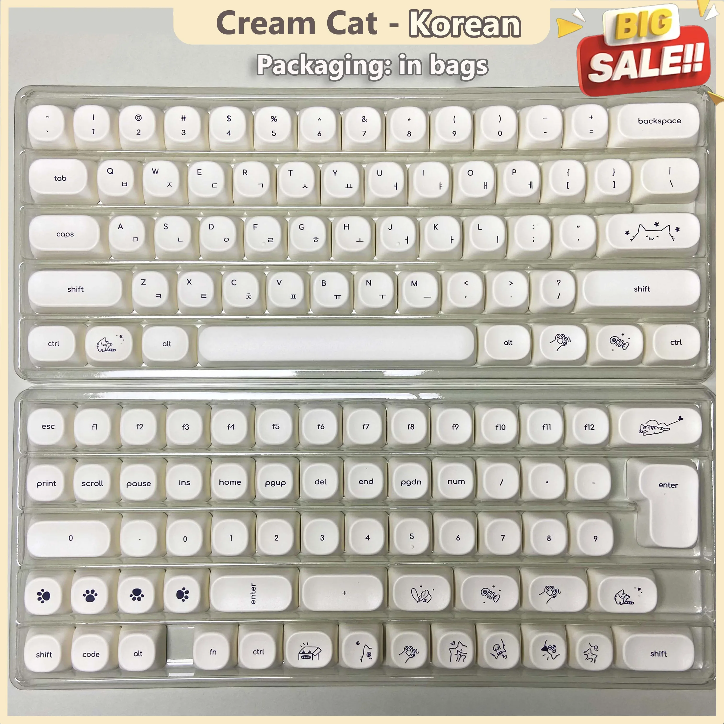 Milky Cat Hangul Keycap Moa Profile Minimalist Korean Cute Keycaps with Numpad for 60% 65% 75% TKL 9