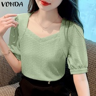 VONDA เสื้อผู้หญิงแขนสั้นแขนพองคอสี่เหลี่ยมลำลองของผู้หญิงเสื้อสีพื้น (ลำลองเกาหลี)