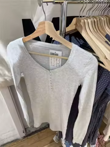 Waffle Button Gray Long Sleeve Tee Women Autumn Cotton Buttons Slim TShirt Zelly Tops Shoujo Clothes