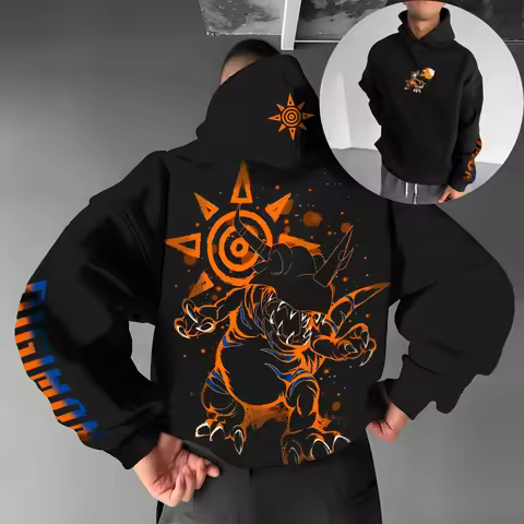 Digimon Anime Cotton Hoodie Black Color Character Print with Orange Blue Dinosaur Back Design Sun Em