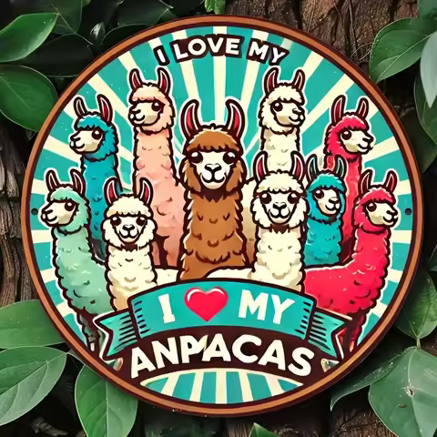 2D Flat, 2D Wall Art - 1pc, I Love My Alpacas - Vintage Metal 7.8x7.8 Inch Round Aluminum Painting, 