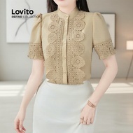 (Refine by Lovito) Blus Anggun Leher Ruffle Kancing Depan Musim Semi/Musim Panas Warna Khaki Wanita 