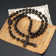 Catholic Necklace-Rose Rosary-Crown Virgin-Ebony-Rope Braided-10mm Free Rosary Bag