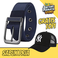Sabuk Pria Gratis Topi - Ikat Pinggang Nylon Kanvas Kepala Besi Import (BPS-TOPI/SBK007)