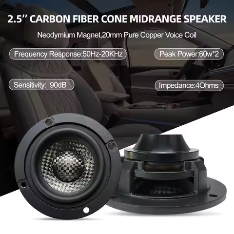 20mm Pure Copper VC Neo. Magnet Car Speaker 2.5 Inch Carbon Fiber Cone Component Midrange a Pair Car