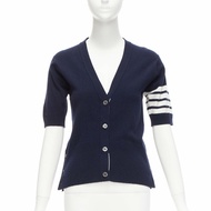 THOM BROWNE 100% cashmere navy white 4 bar stripe button side cardigan IT44 L