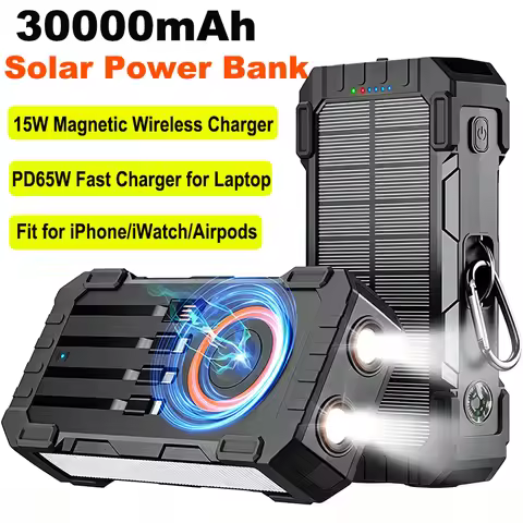 Solar Power Bank 30000mAh PD65W Fast Charger for Laptop 15W Magnetic Wireless Charger Powerbank for 