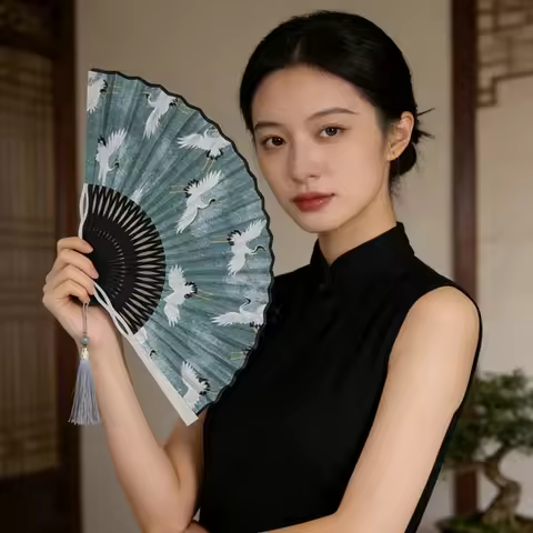 Luminum Alloy Side Bone Chinese Style Folding Fan Vintage Fabric Fan Dance Fan Classic with Tassel D