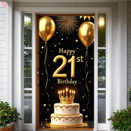 lack Gold 21st Birthday Decoration for Man Woman, Black Gold 21st Birthday Banner for Backdrop Door 