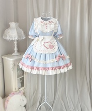 Original Sweet Fufu Short Sleeve Lolita OP Blue Cake Skirt Apron Sweet Series Small Maid Uniform Bea