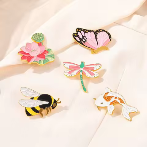 Custom Insect Enamel Pins Creative Butterfly Bee Dragonfly Plant Lotus Brooch Lapel Badges Bag Jewel
