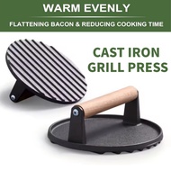 Burger Press 7" Round - with Wood Handle Cast Iron Smash Burger Press Meat Steak