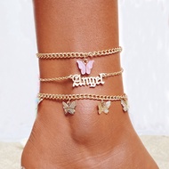 Fashion Pink Butterfly Anklets Set For Women Cute Gold Letter Angel Chain Anklet Foot Ankle Bracelet Summer Beach Jewelry