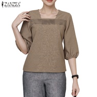 ZANZEA Women's Korean Elegant Squared Neck 3/4 Sleeve Striped Blouse