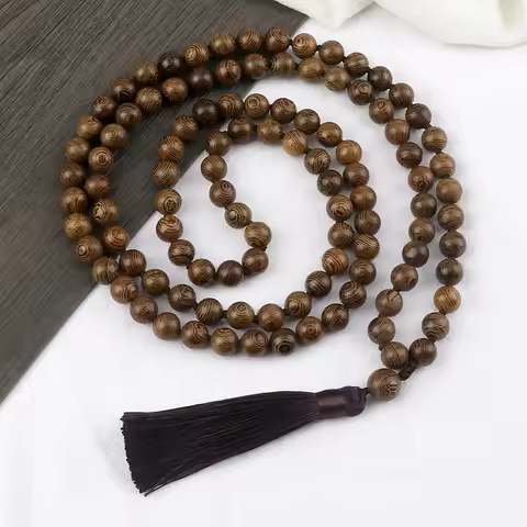 6 8 10mm Vintage 108 Mala Beads Necklace Original Wooden Bead Men Tassel Yoga Meditation Necklaces W