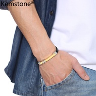 Kemstone Stainless Steel Black Microfiber Leather Gold Plated Bangle Bracelet Jewelry for Men