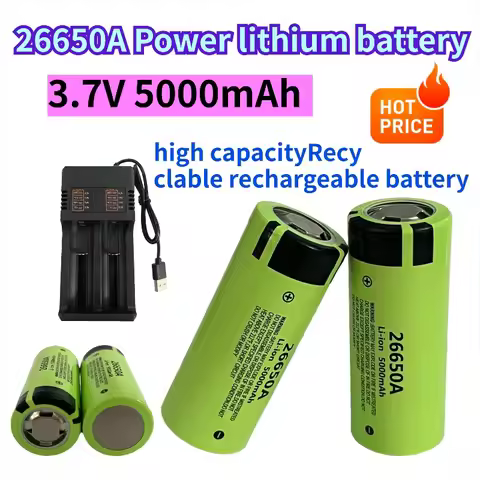 5000mAh 26650 Battery 3.7V 50A Lithium-Ion Rechargeable Battery for 26650A LED Flashlight + Charger