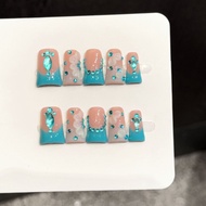 Yihe[Azure Sea and Cloud Blossoms]Lake blue French-style rhinestone-studded press-on nails with thre
